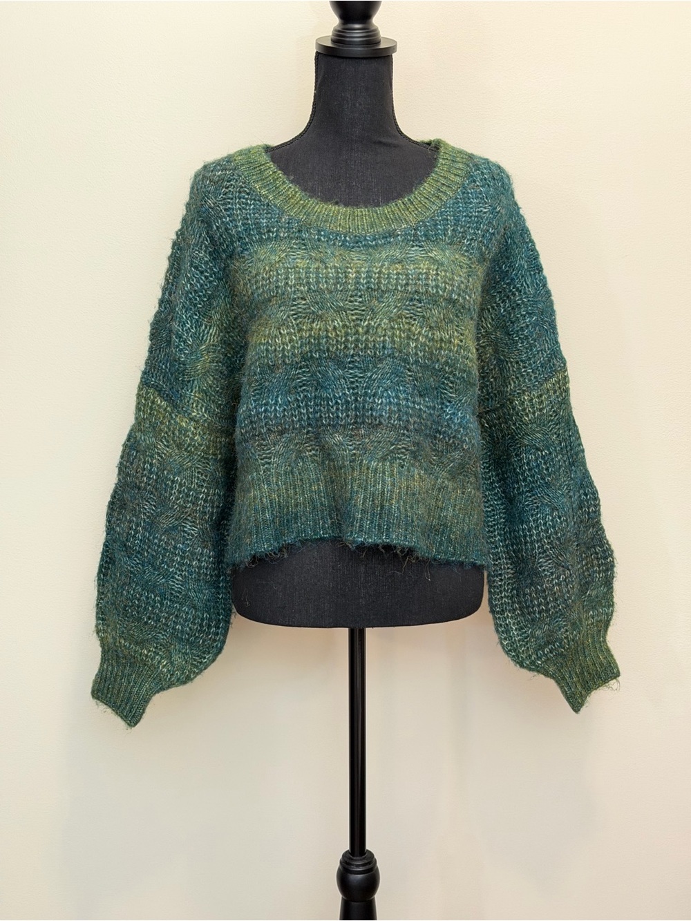POL Crop Balloon Sleeve Sweater Women S Green Blue Fuzzy Oversized Drop Shoulder